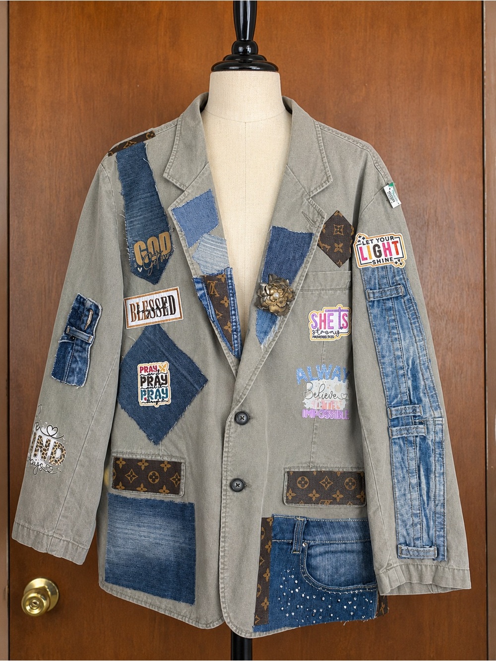 Patchwork Denim & Olive Utility Blazer with Patches